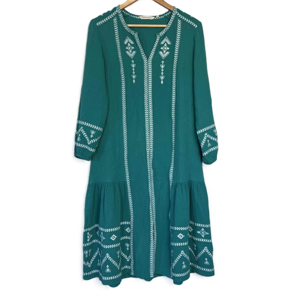 Soft Surroundings Size XS Dress Teal Peasant Long Sleeves Embroidery